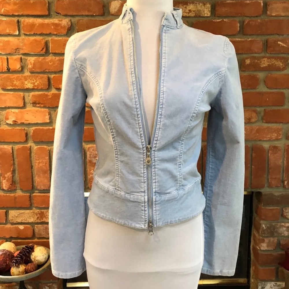 JLo sz Small BoHo CHIC Power Blue Stretch Cord 2 way Zip Accent Jacket - Picture 2 of 9